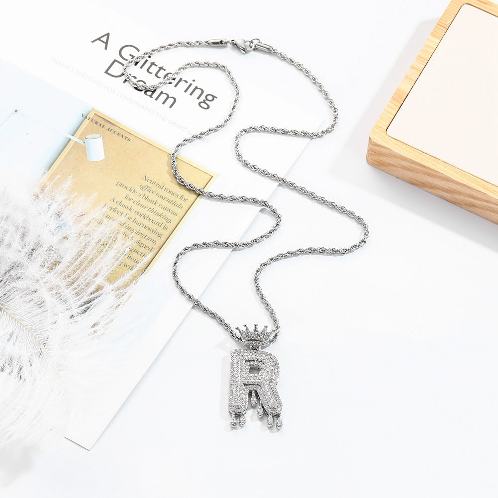 Hip-hop trend necklace copper micro-inlaid zircon 26 English letters crown full diamond pendant jewelry