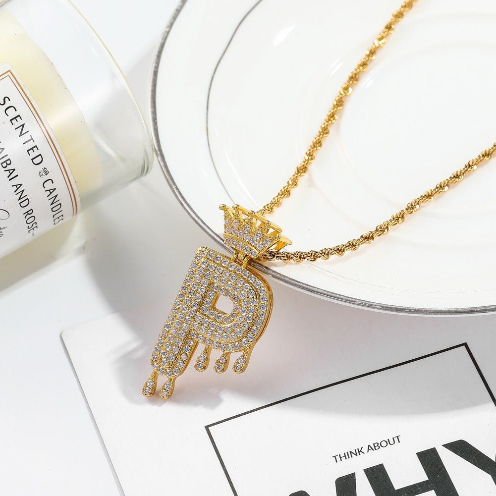 Hip-hop trend necklace copper micro-inlaid zircon 26 English letters crown full diamond pendant jewelry