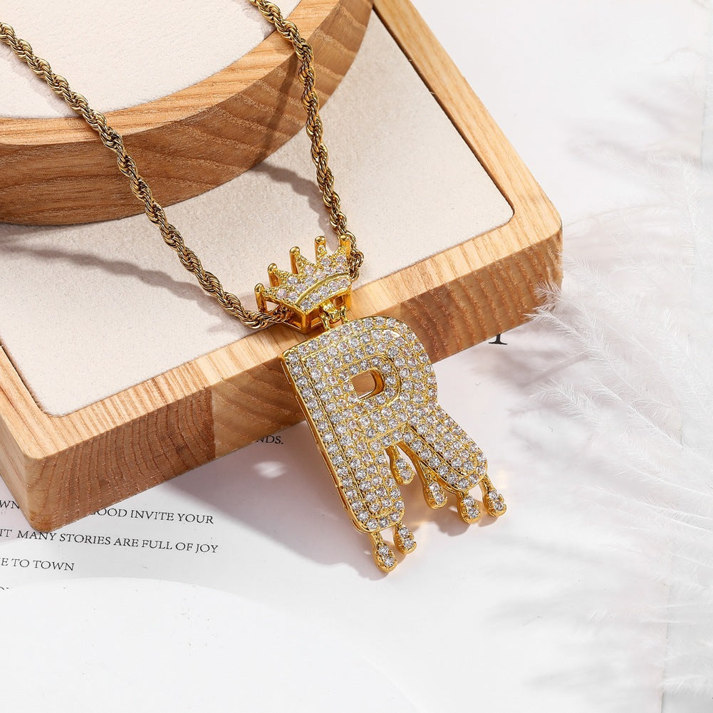 Hip-hop trend necklace copper micro-inlaid zircon 26 English letters crown full diamond pendant jewelry
