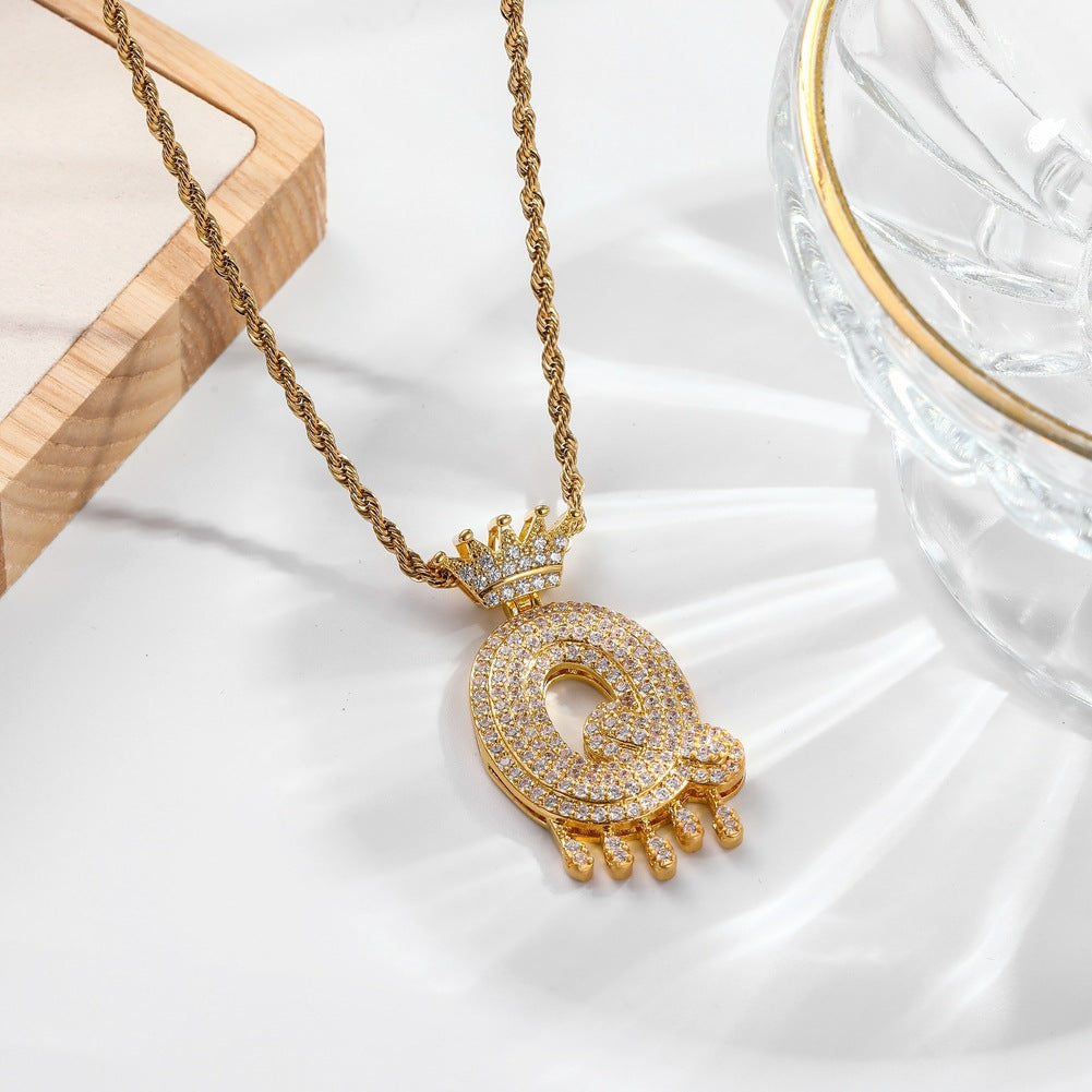Hip-hop trend necklace copper micro-inlaid zircon 26 English letters crown full diamond pendant jewelry