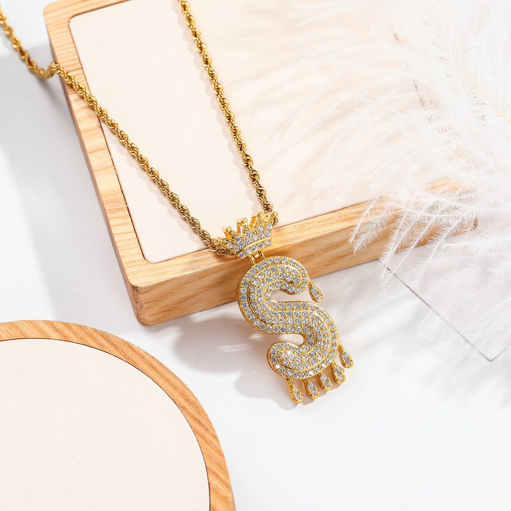 Hip-hop trend necklace copper micro-inlaid zircon 26 English letters crown full diamond pendant jewelry