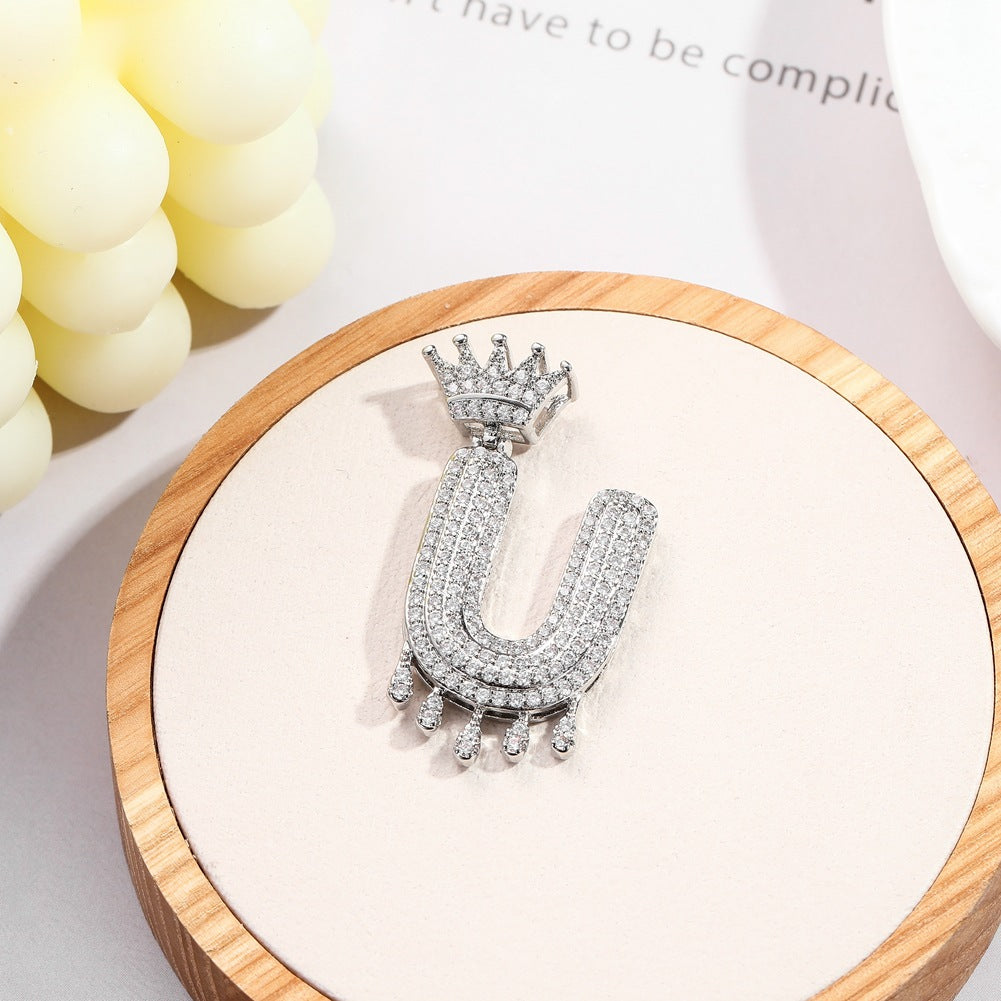Hip-hop trend necklace copper micro-inlaid zircon 26 English letters crown full diamond pendant jewelry