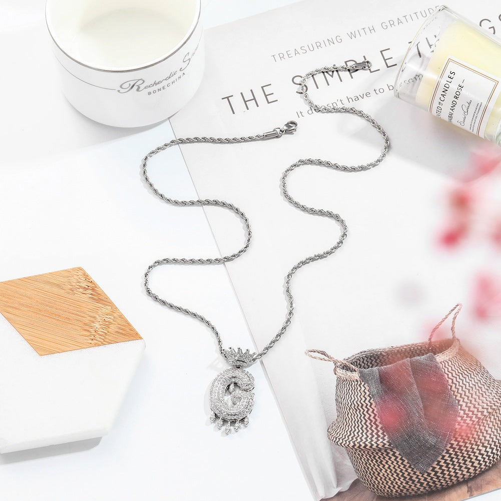 Hip-hop trend necklace copper micro-inlaid zircon 26 English letters crown full diamond pendant jewelry