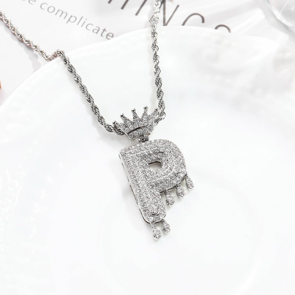 Hip-hop trend necklace copper micro-inlaid zircon 26 English letters crown full diamond pendant jewelry