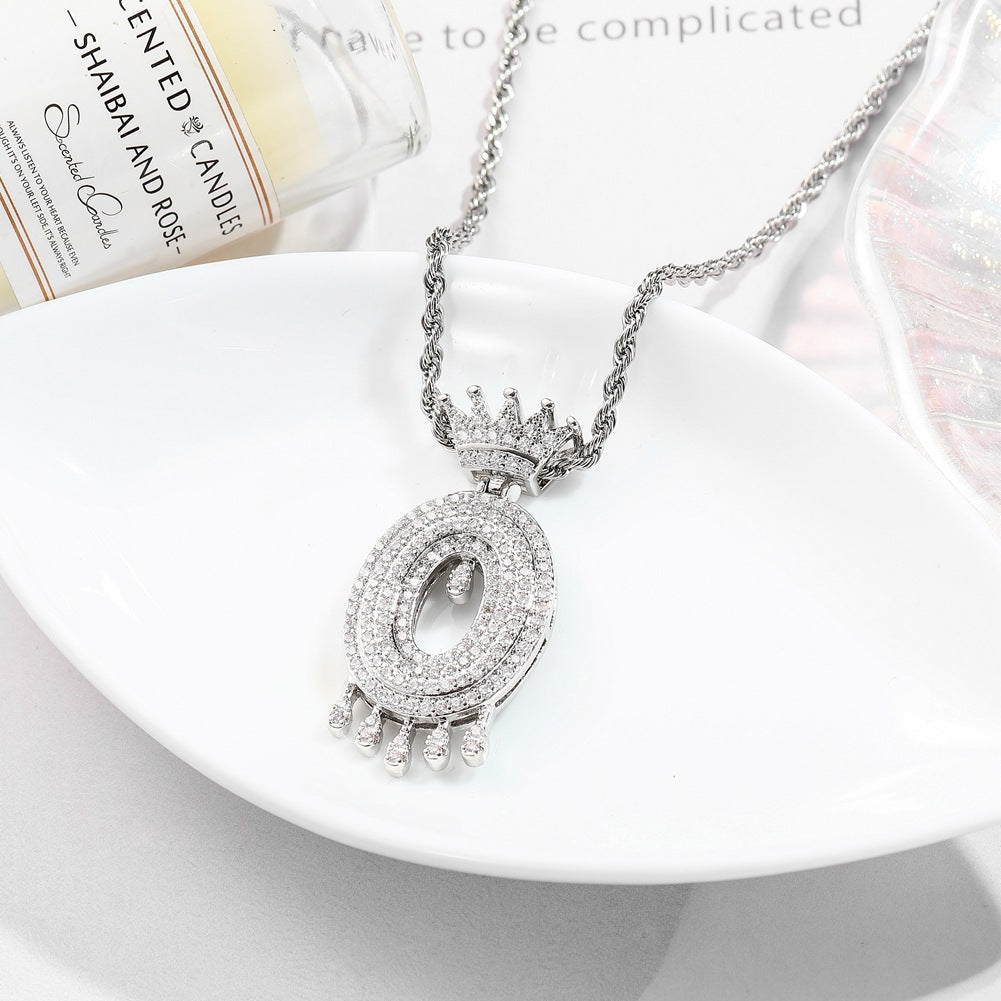 Hip-hop trend necklace copper micro-inlaid zircon 26 English letters crown full diamond pendant jewelry