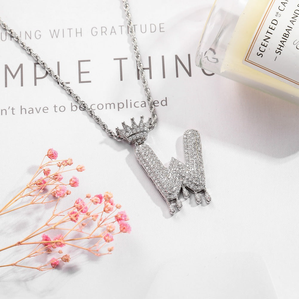 Hip-hop trend necklace copper micro-inlaid zircon 26 English letters crown full diamond pendant jewelry