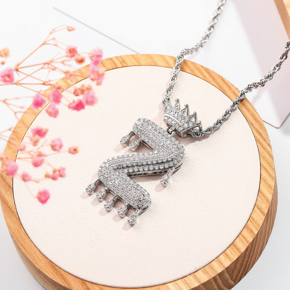 Hip-hop trend necklace copper micro-inlaid zircon 26 English letters crown full diamond pendant jewelry