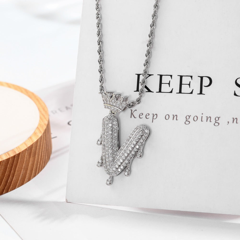 Hip-hop trend necklace copper micro-inlaid zircon 26 English letters crown full diamond pendant jewelry