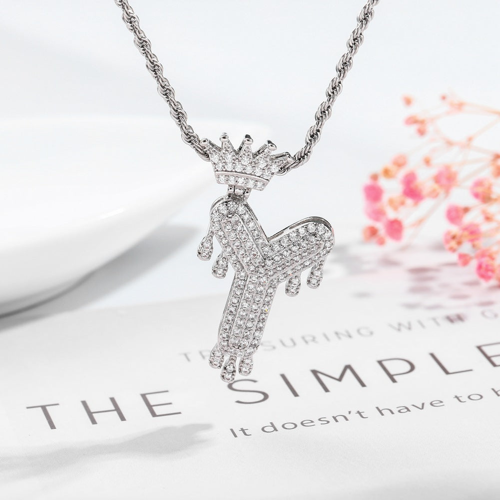Hip-hop trend necklace copper micro-inlaid zircon 26 English letters crown full diamond pendant jewelry