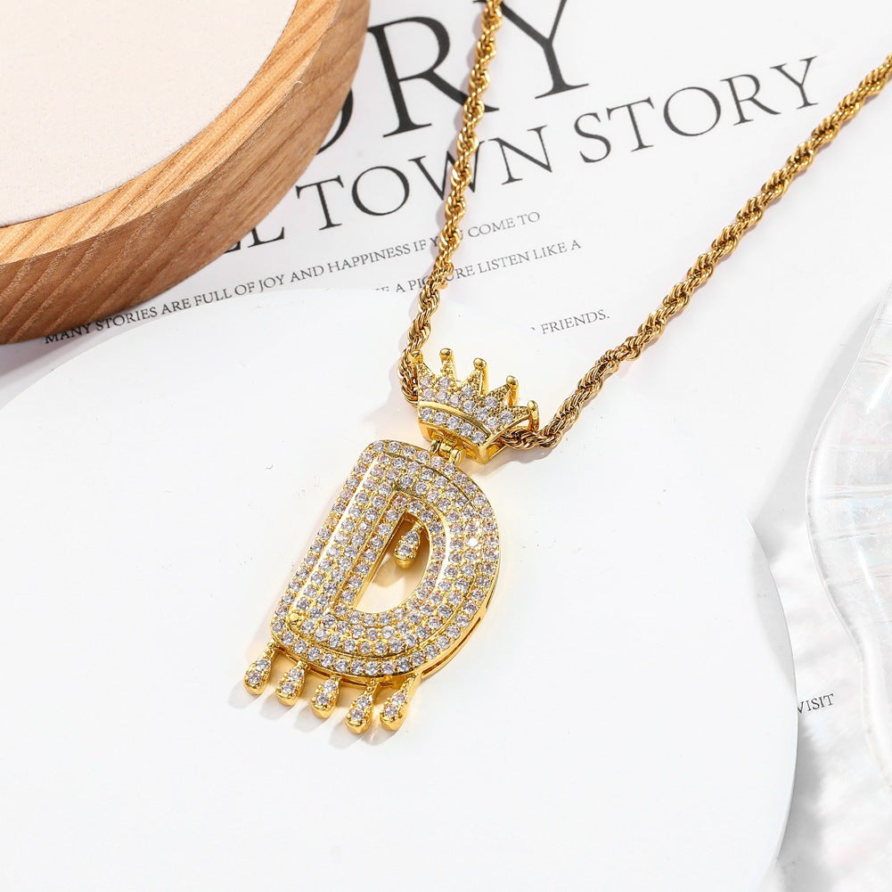 Hip-hop trend necklace copper micro-inlaid zircon 26 English letters crown full diamond pendant jewelry