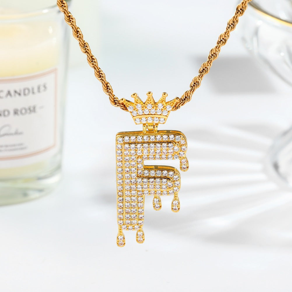 Hip-hop trend necklace copper micro-inlaid zircon 26 English letters crown full diamond pendant jewelry