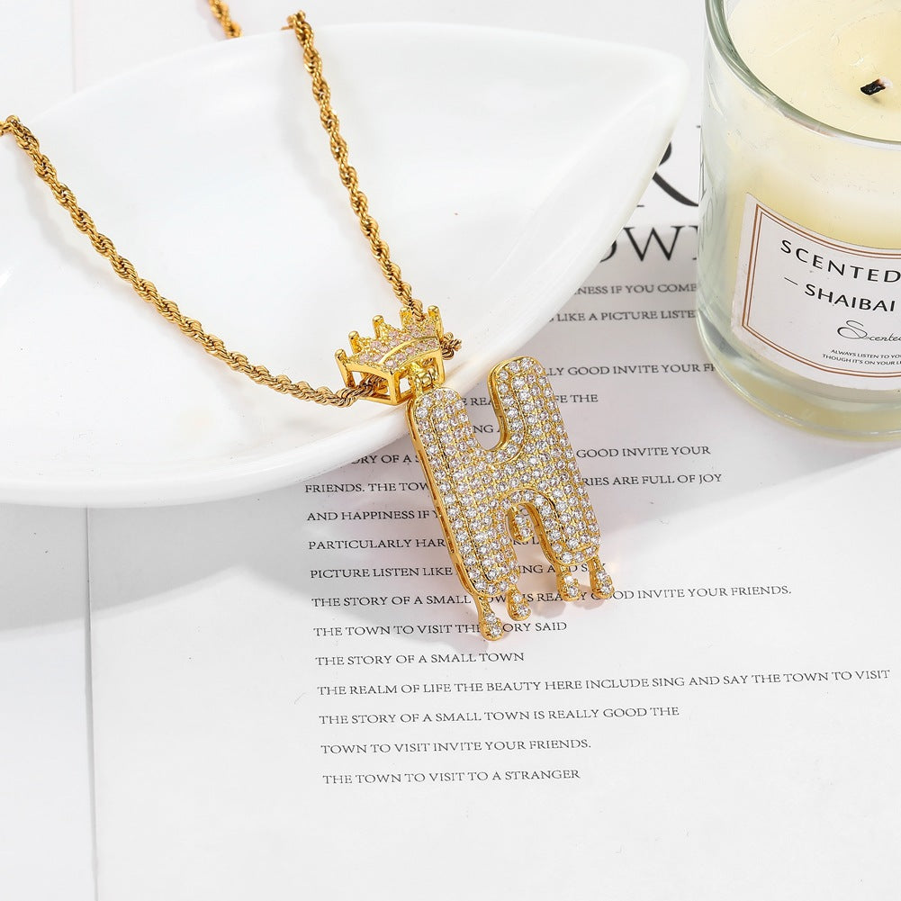 Hip-hop trend necklace copper micro-inlaid zircon 26 English letters crown full diamond pendant jewelry