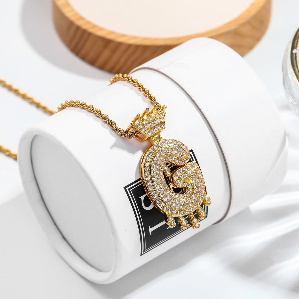 Hip-hop trend necklace copper micro-inlaid zircon 26 English letters crown full diamond pendant jewelry