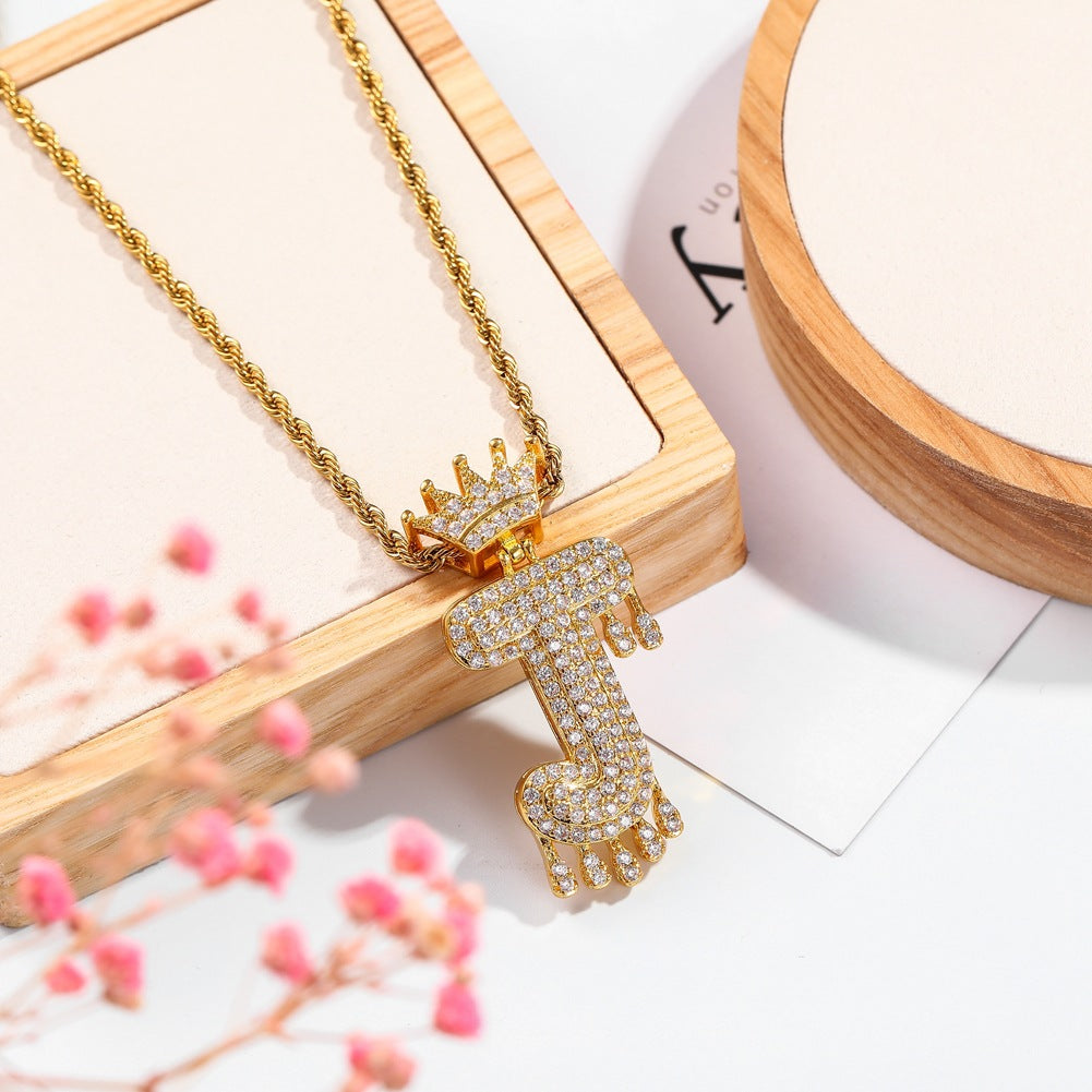 Hip-hop trend necklace copper micro-inlaid zircon 26 English letters crown full diamond pendant jewelry