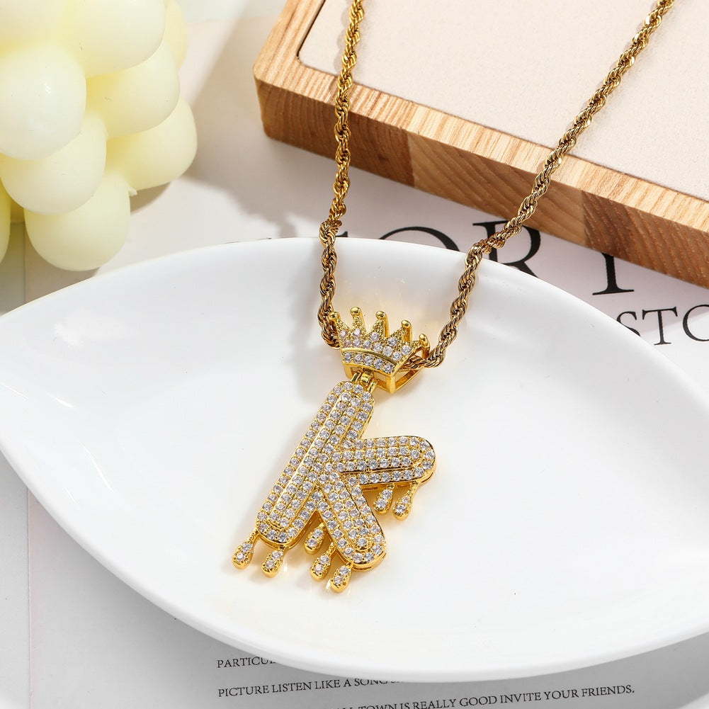 Hip-hop trend necklace copper micro-inlaid zircon 26 English letters crown full diamond pendant jewelry