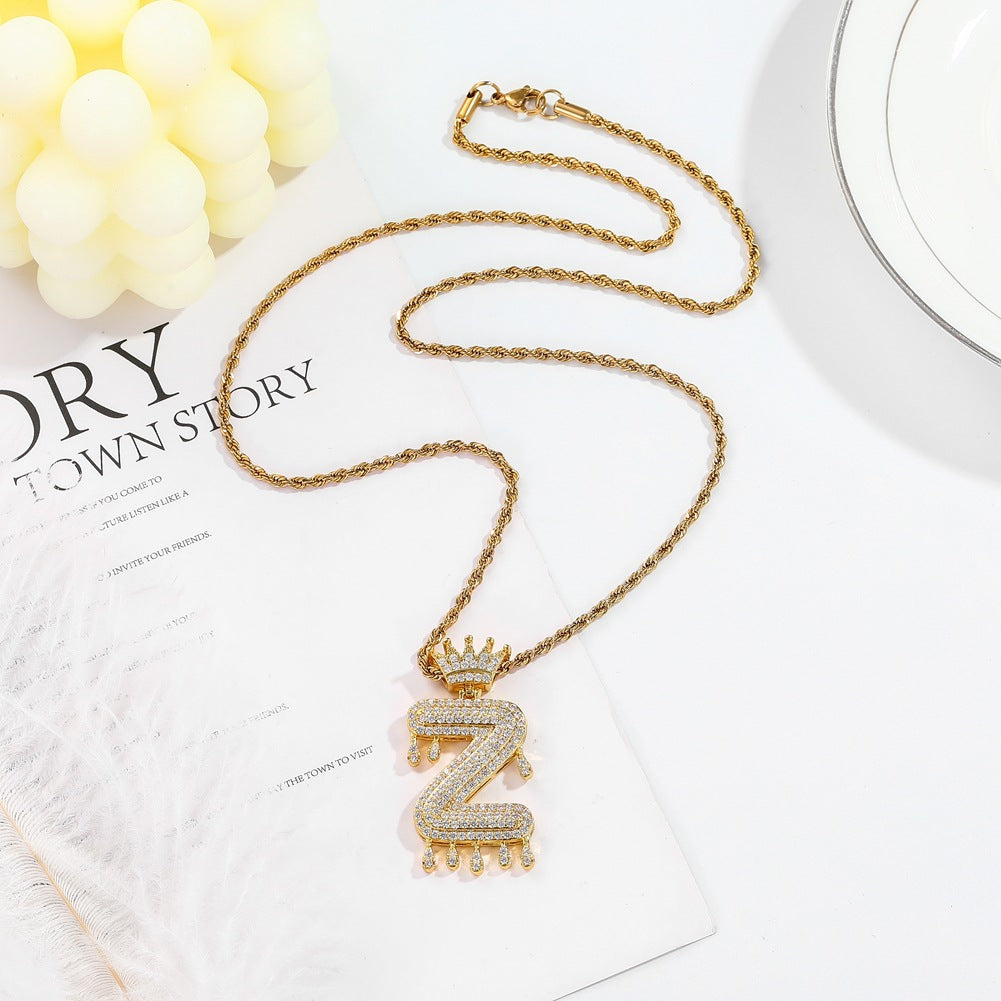 Hip-hop trend necklace copper micro-inlaid zircon 26 English letters crown full diamond pendant jewelry
