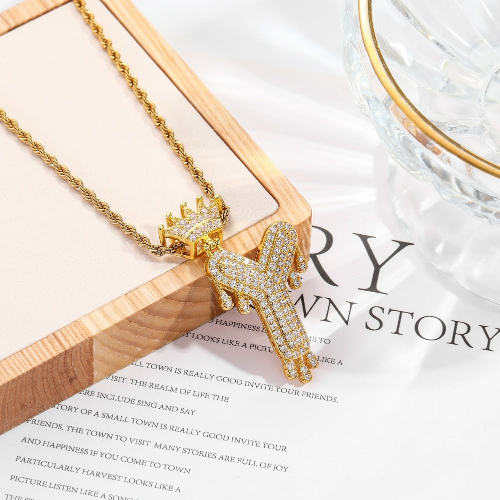 Hip-hop trend necklace copper micro-inlaid zircon 26 English letters crown full diamond pendant jewelry
