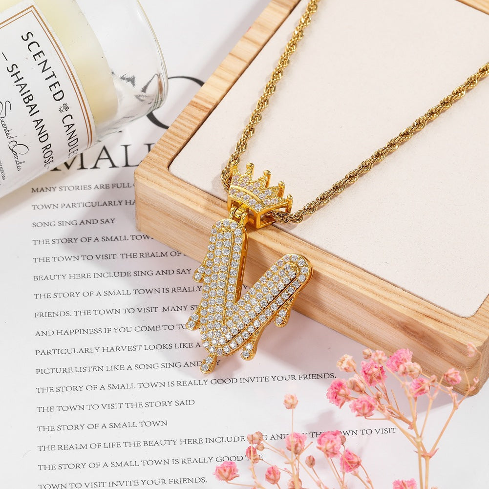 Hip-hop trend necklace copper micro-inlaid zircon 26 English letters crown full diamond pendant jewelry