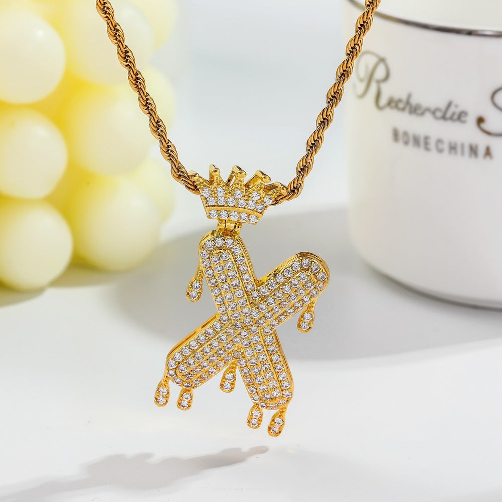 Hip-hop trend necklace copper micro-inlaid zircon 26 English letters crown full diamond pendant jewelry