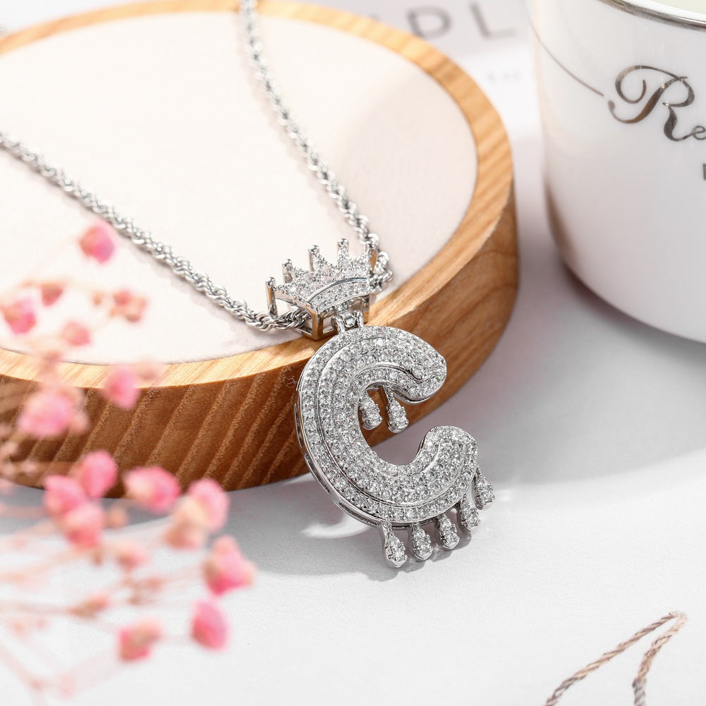 Hip-hop trend necklace copper micro-inlaid zircon 26 English letters crown full diamond pendant jewelry