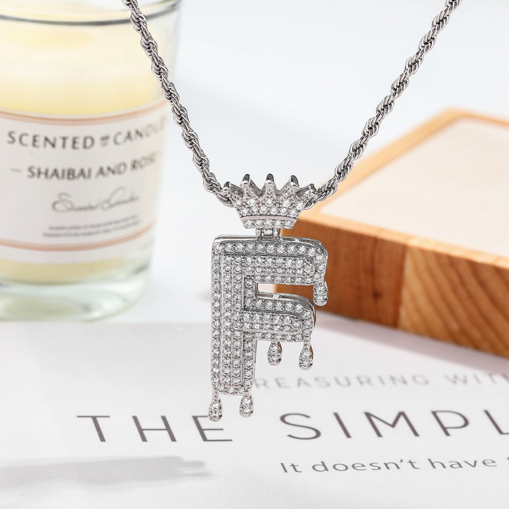 Hip-hop trend necklace copper micro-inlaid zircon 26 English letters crown full diamond pendant jewelry