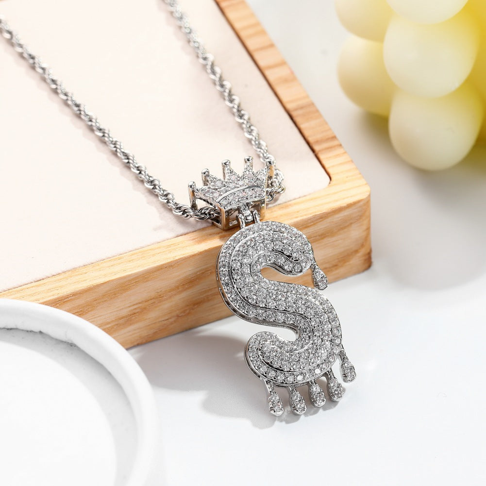 Hip-hop trend necklace copper micro-inlaid zircon 26 English letters crown full diamond pendant jewelry