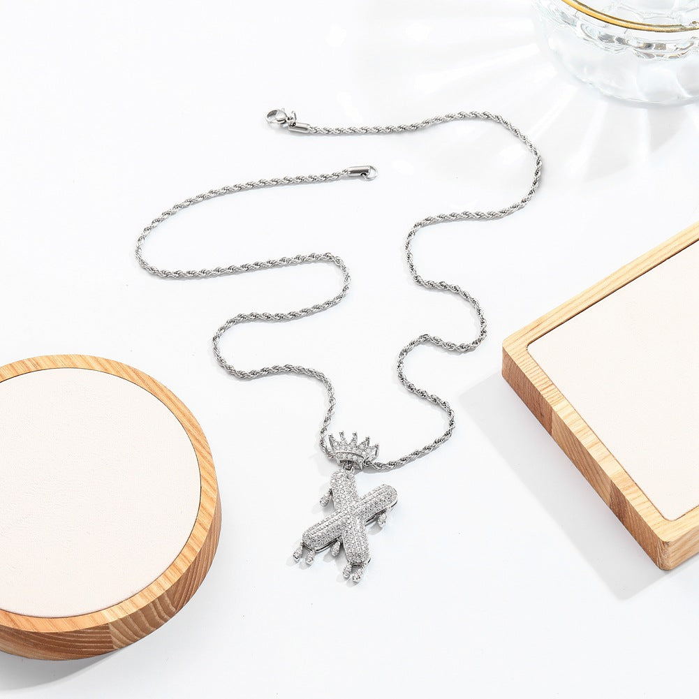 Hip-hop trend necklace copper micro-inlaid zircon 26 English letters crown full diamond pendant jewelry