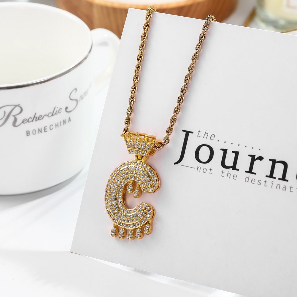 Hip-hop trend necklace copper micro-inlaid zircon 26 English letters crown full diamond pendant jewelry