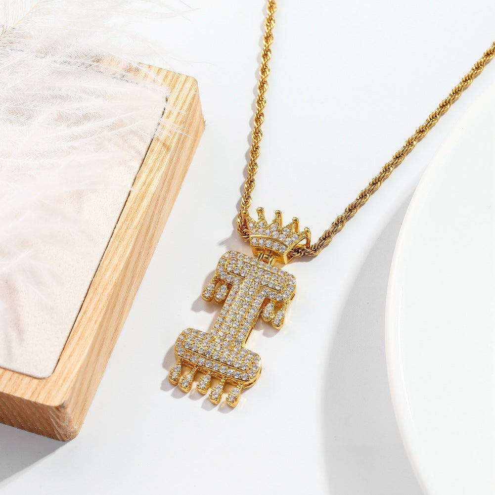 Hip-hop trend necklace copper micro-inlaid zircon 26 English letters crown full diamond pendant jewelry