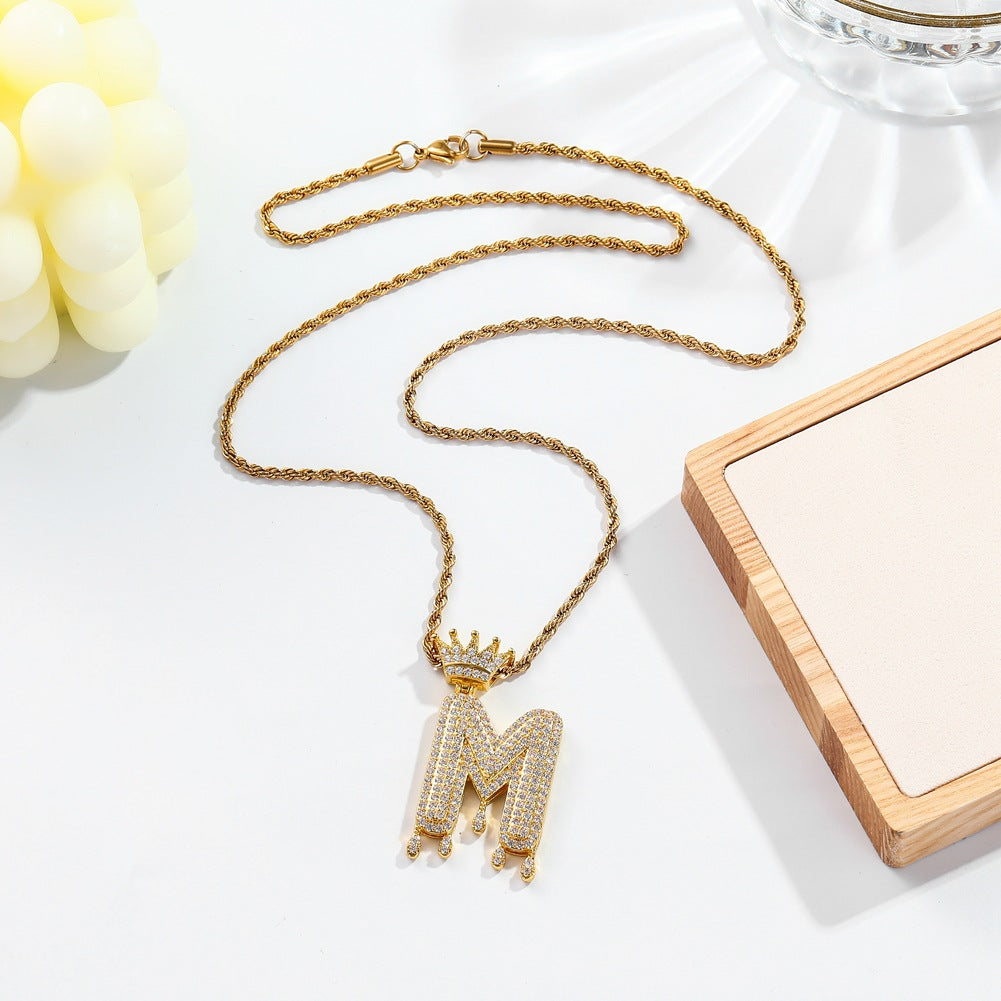 Hip-hop trend necklace copper micro-inlaid zircon 26 English letters crown full diamond pendant jewelry