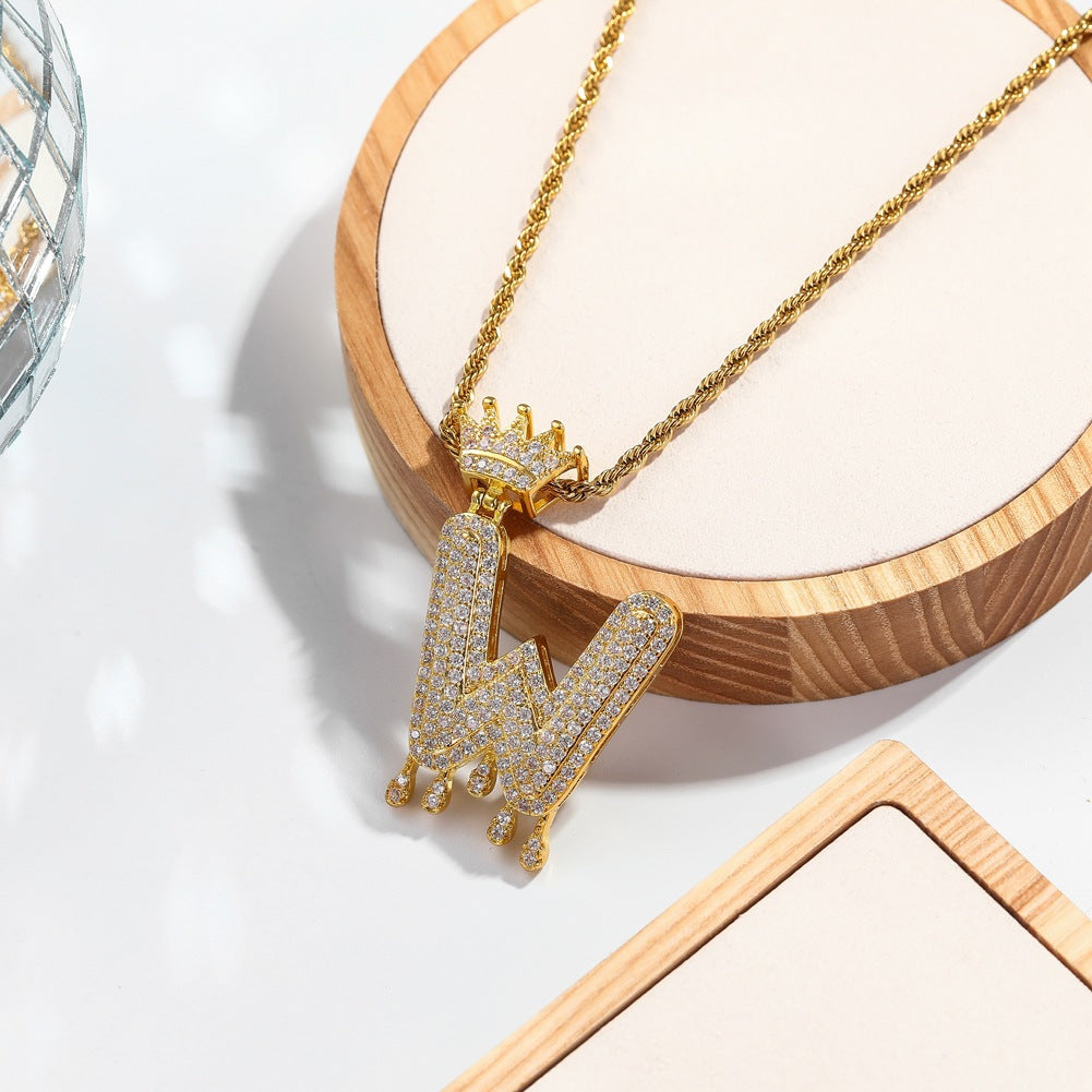 Hip-hop trend necklace copper micro-inlaid zircon 26 English letters crown full diamond pendant jewelry