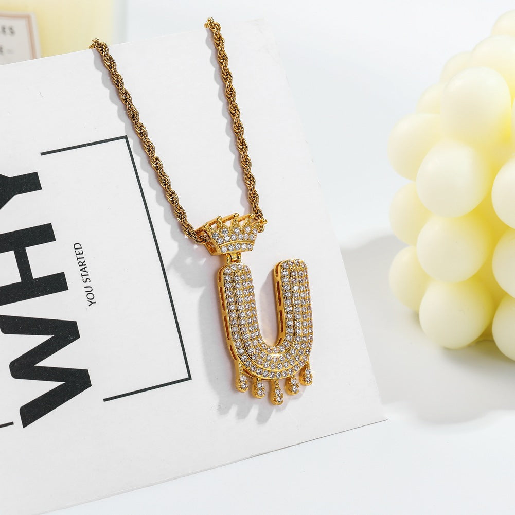 Hip-hop trend necklace copper micro-inlaid zircon 26 English letters crown full diamond pendant jewelry