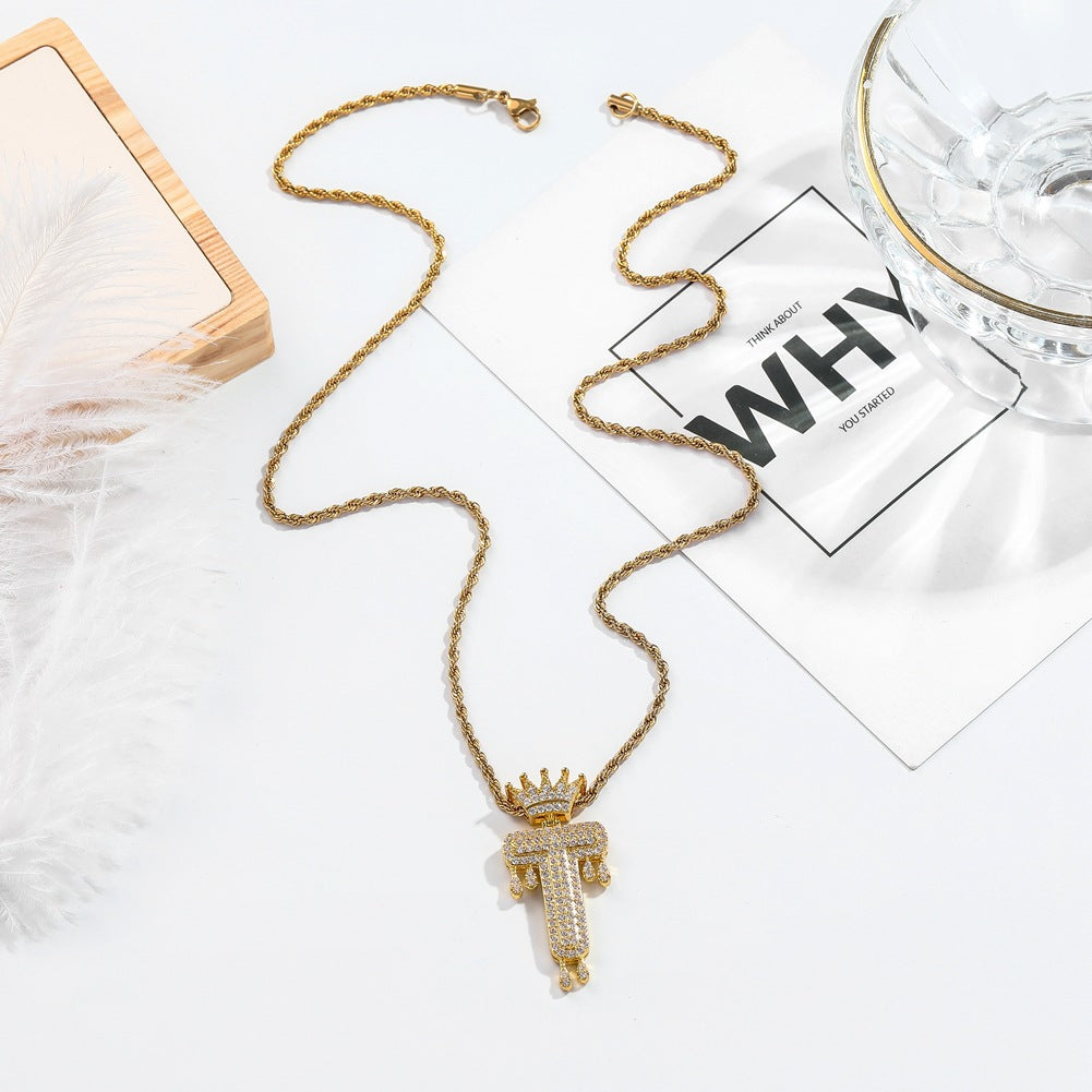 Hip-hop trend necklace copper micro-inlaid zircon 26 English letters crown full diamond pendant jewelry