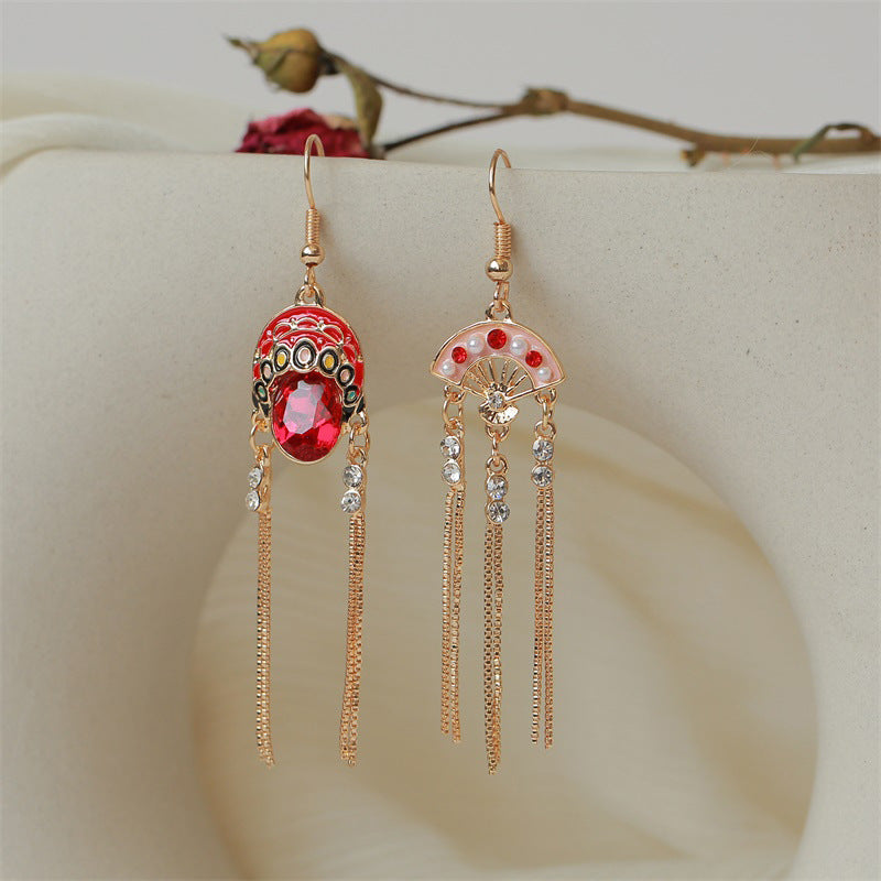 Chinese face earrings retro Beijing opera pearl earrings female diamond temperament net red tassel long earrings