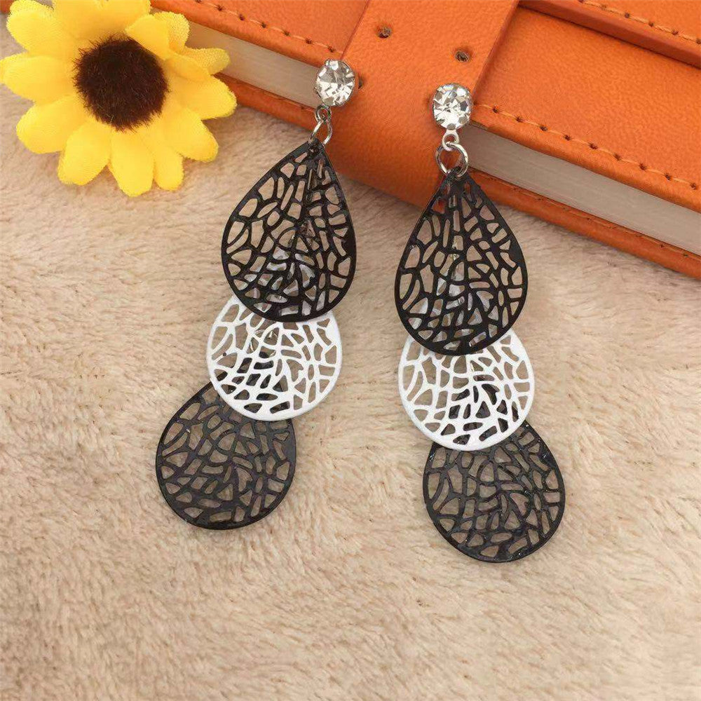 Multi-layer hollow black and white leaf tassel earrings exaggerated retro personality simple all-match earrings earrings women