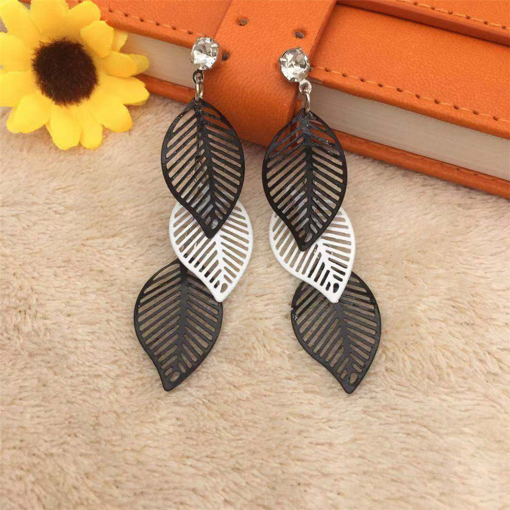 Multi-layer hollow black and white leaf tassel earrings exaggerated retro personality simple all-match earrings earrings women