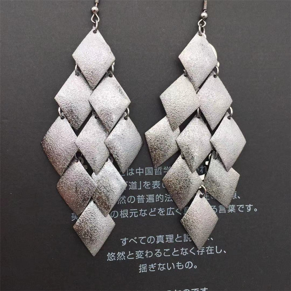 Long rhombus frosted surface earrings fashion multi-layer metal piece boutique earrings