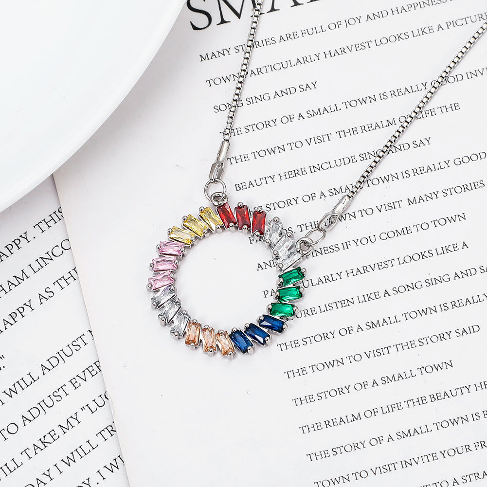 Versatile Personality Jewelry Creative Geometric Rainbow Color Pendant Copper Micro-inlaid Zircon Necklace