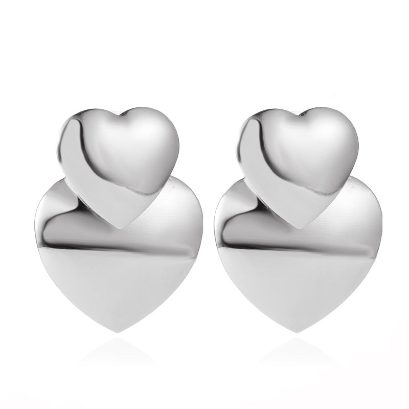 Fashion simple mirror love earrings female cold exaggerated metal sweet double heart earrings earrings