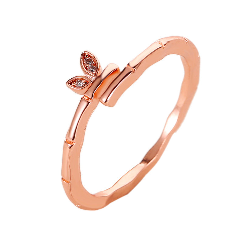 Cute Rabbit Ear Open Ring Female Creative Small Fresh Diamond Leaf Bamboo Knuckle Index Knuckle Ring