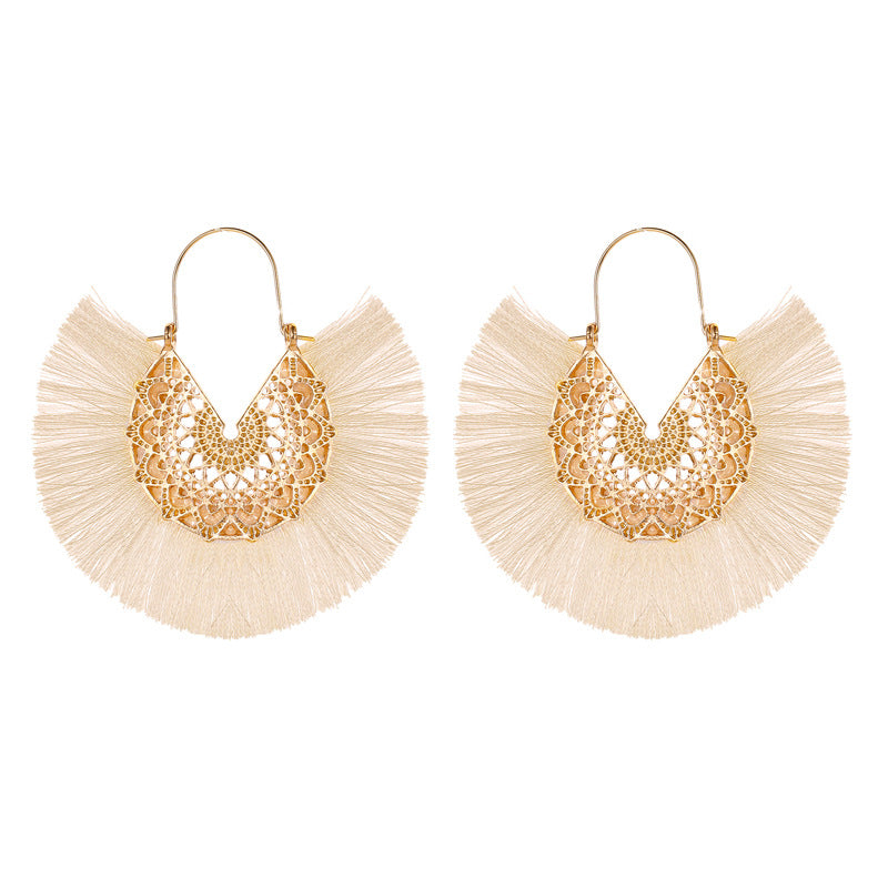 Ethnic tassel earrings retro exaggerated fan-shaped lace pattern earrings earrings earrings