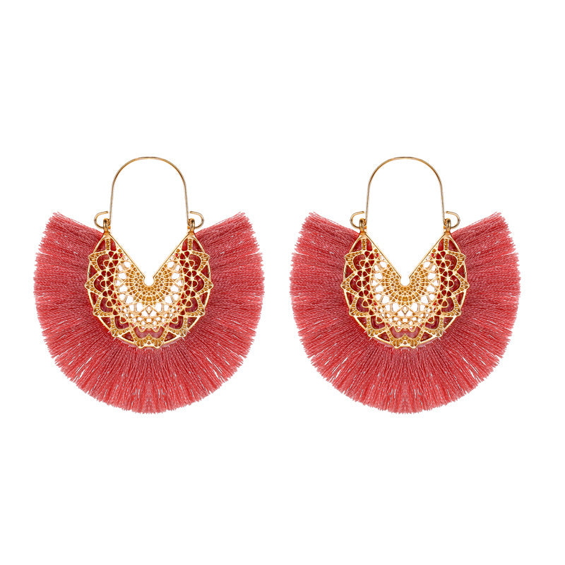 Ethnic tassel earrings retro exaggerated fan-shaped lace pattern earrings earrings earrings