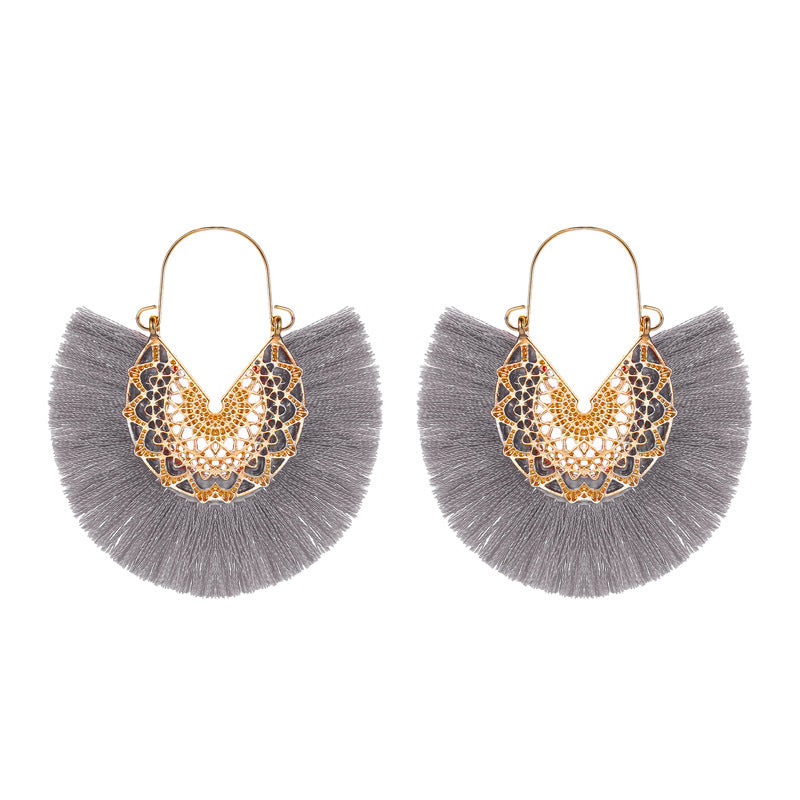 Ethnic tassel earrings retro exaggerated fan-shaped lace pattern earrings earrings earrings