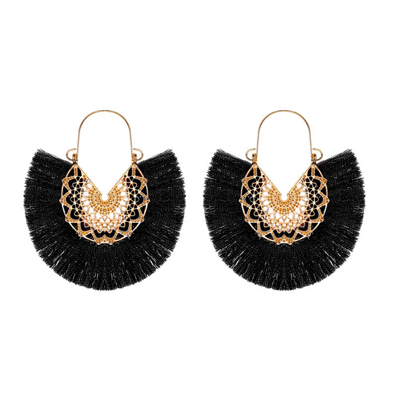 Ethnic tassel earrings retro exaggerated fan-shaped lace pattern earrings earrings earrings