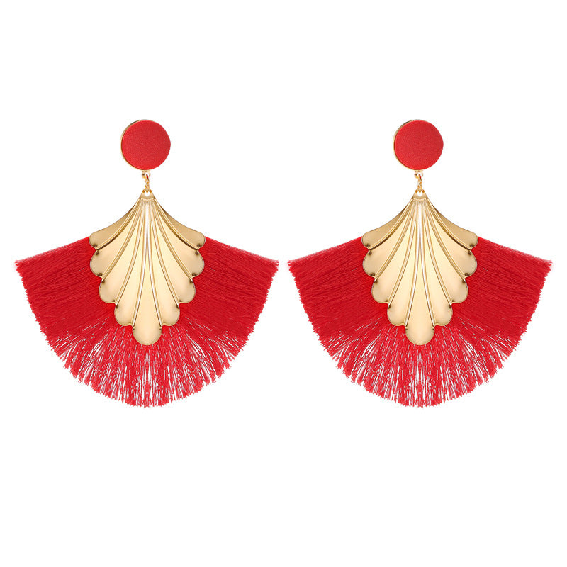 Earrings Bohemian fan-shaped tassel earrings fashion ripple design temperament exaggerated earrings