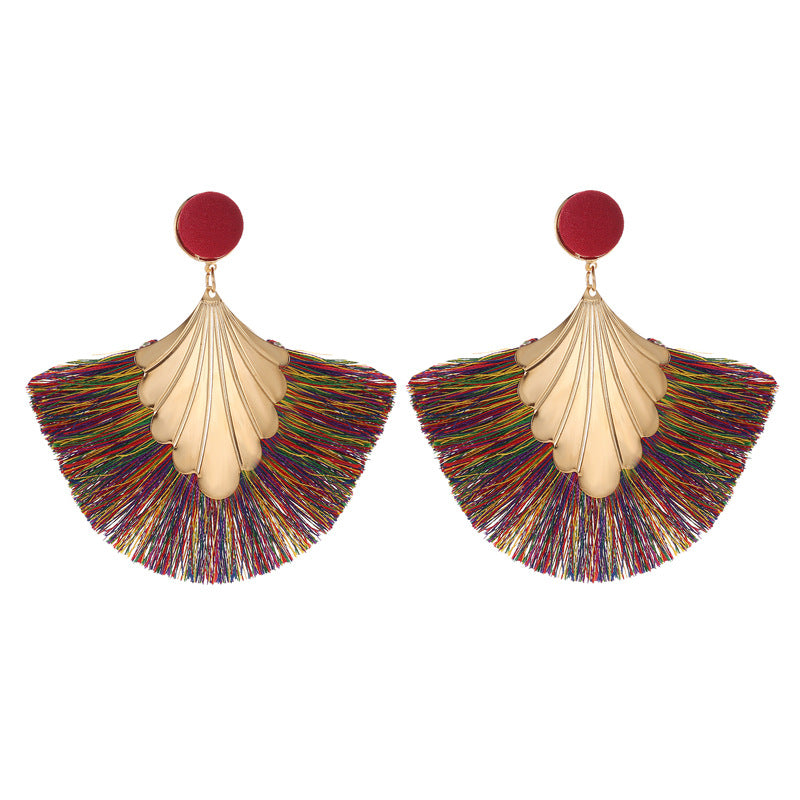 Earrings Bohemian fan-shaped tassel earrings fashion ripple design temperament exaggerated earrings