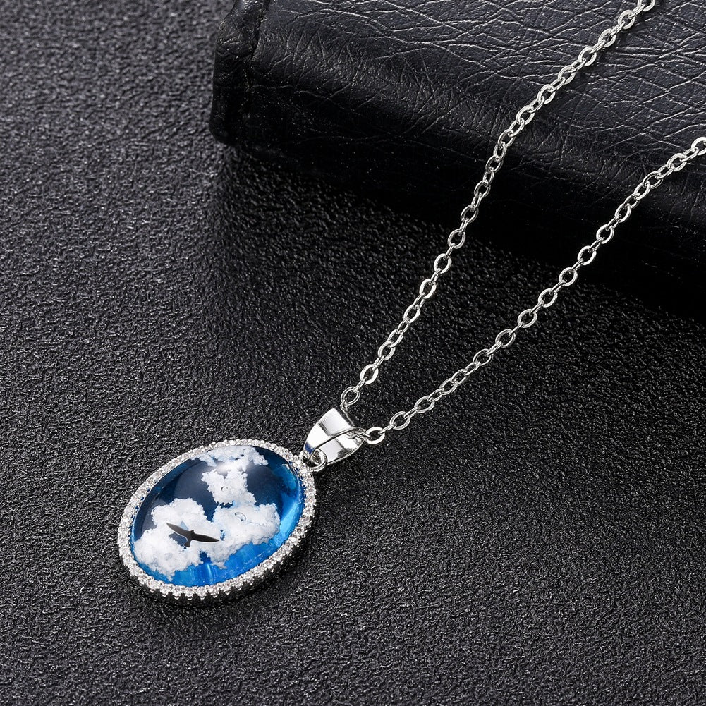 Creative Handmade Jewelry ETSY Blue Sky White Cloud Eagle Pendant Water Drop Shaped Resin Necklace