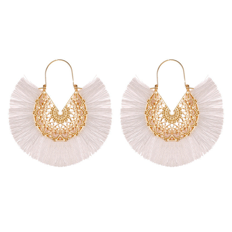Ethnic tassel earrings retro exaggerated fan-shaped lace pattern earrings earrings earrings