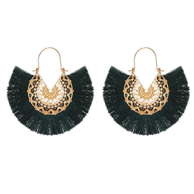Ethnic tassel earrings retro exaggerated fan-shaped lace pattern earrings earrings earrings
