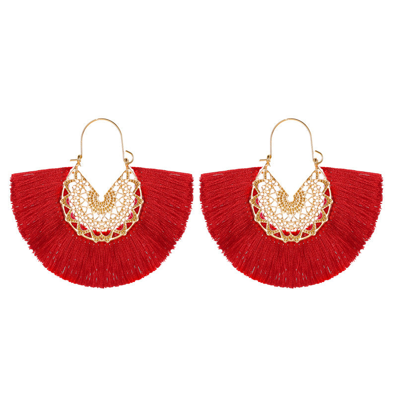 Ethnic tassel earrings retro exaggerated fan-shaped lace pattern earrings earrings earrings